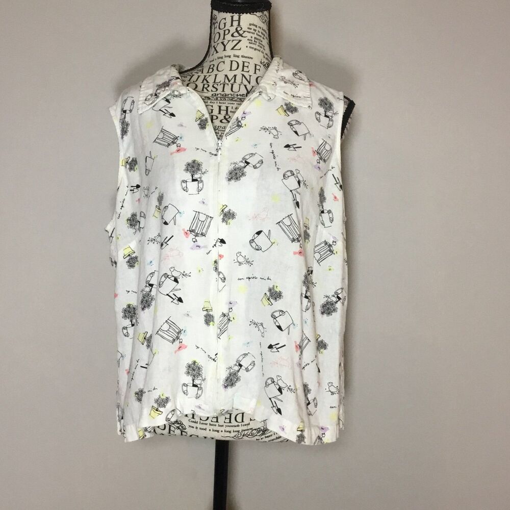 Linen blend garden theme vest sleeveless white pink yellow topiary birds L